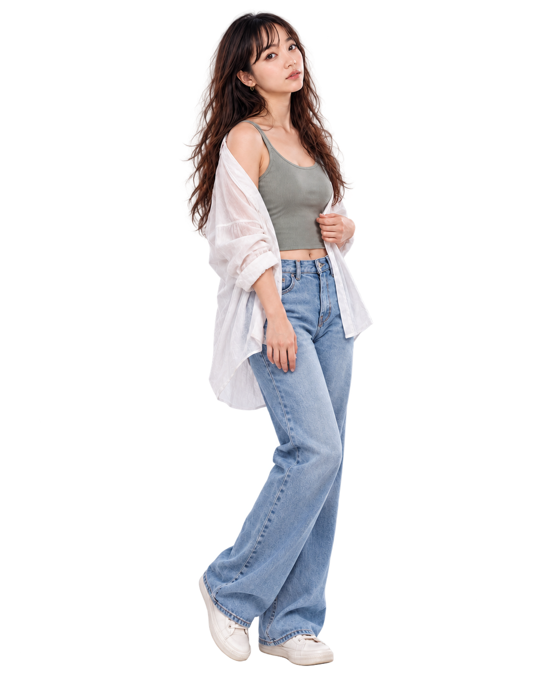 Full-length Mizuki in a gray tank top, open white shirt, blue jeans and sneakers
